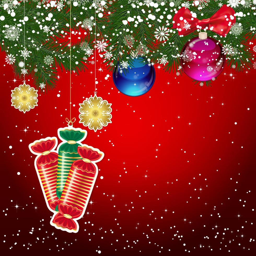 fundo de natal com galhos de árvores de natal decorados com bolas de vidro e brinquedos. vetor