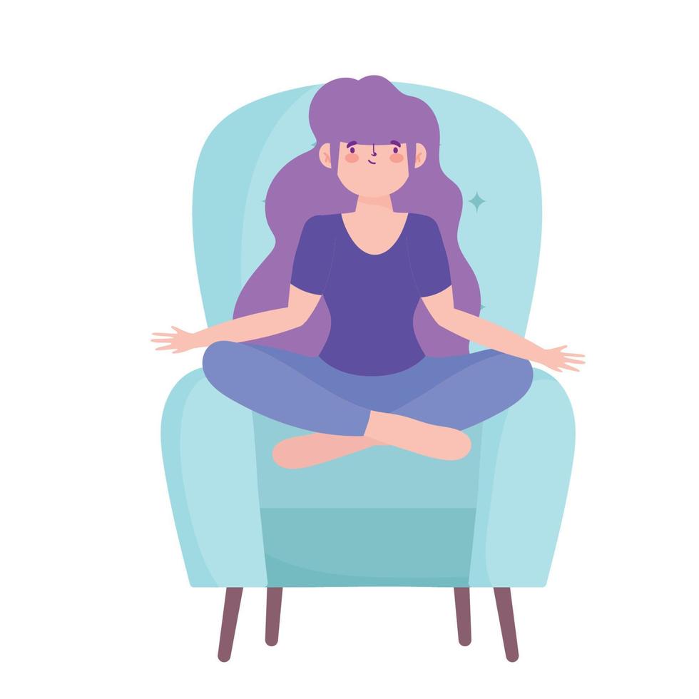 ficar em casa, garota em meditação pose de ioga na cadeira, auto-isolamento, atividades em quarentena para coronavírus vetor