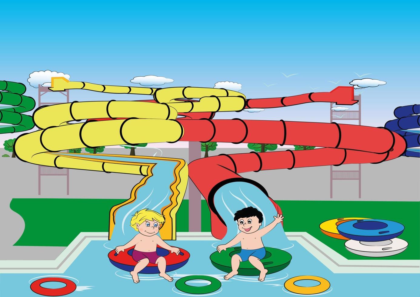 dois meninos estão se divertindo no parque aquático vetor