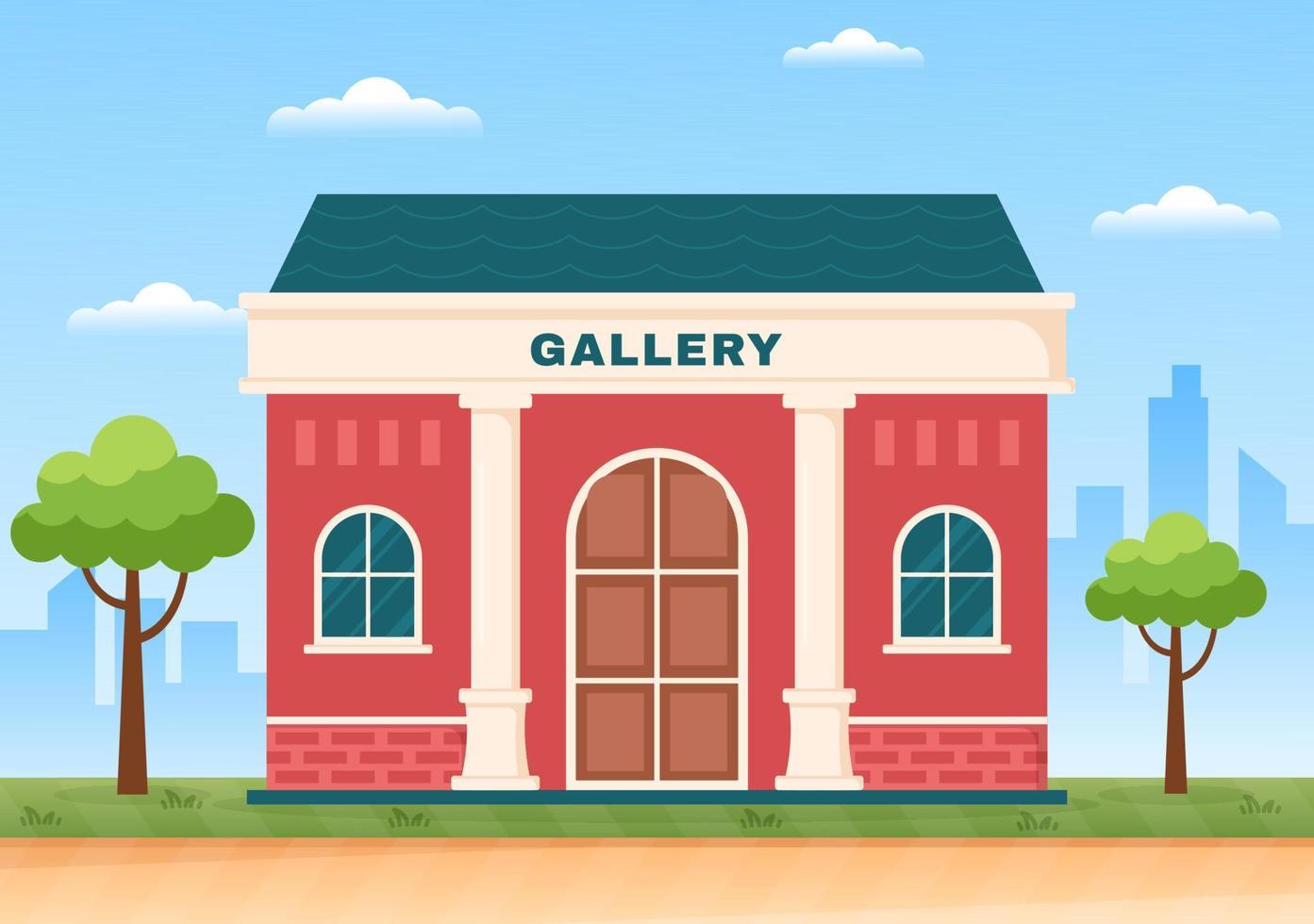 galeria de arte no museu de visitantes da exposição visualizando pinturas abstratas modernas no contemporâneo e foto em ilustração de modelo de mão de desenho animado plano vetor