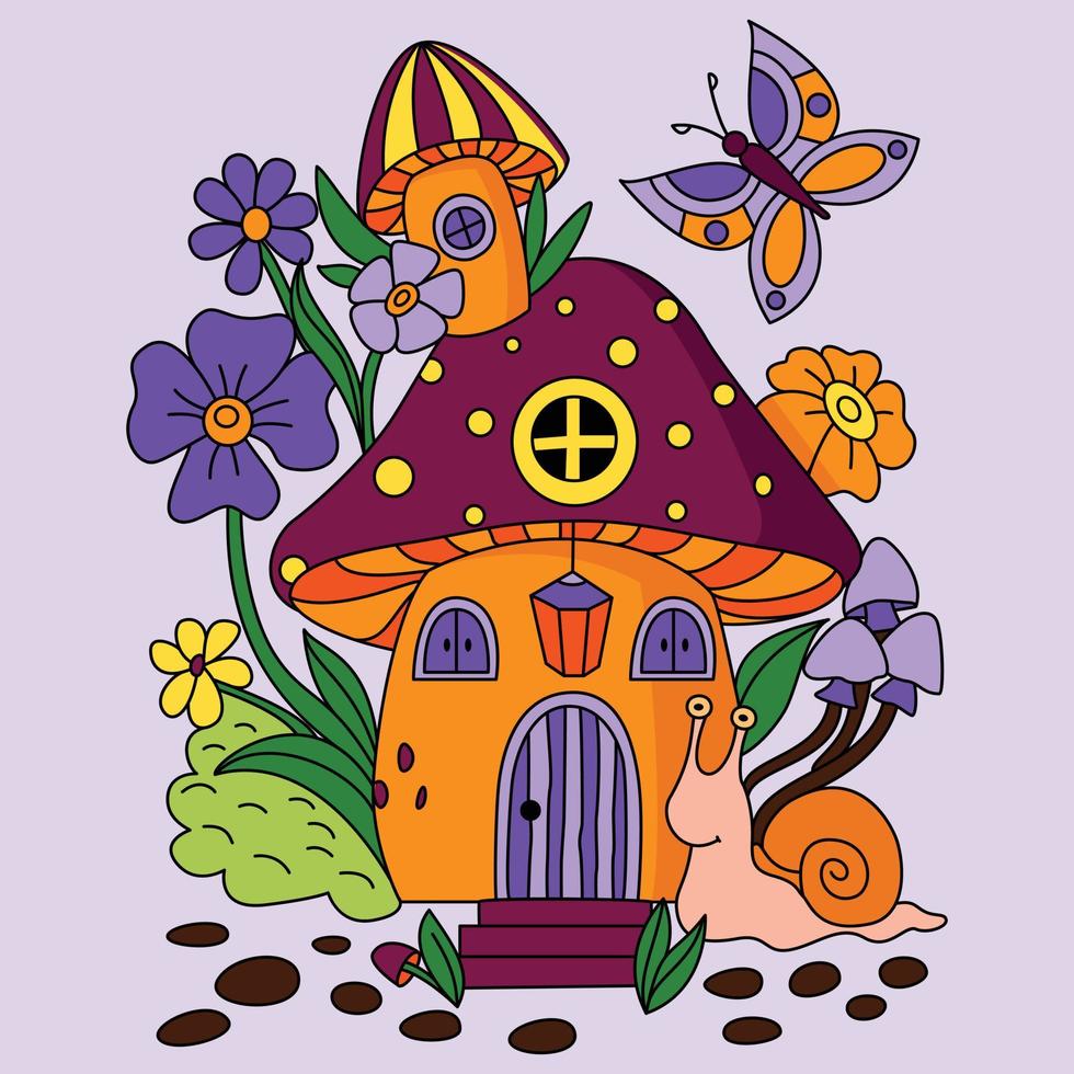 linda casa de cogumelos com decoração de flores snell e borboleta para colorir ilustração vetorial vetor