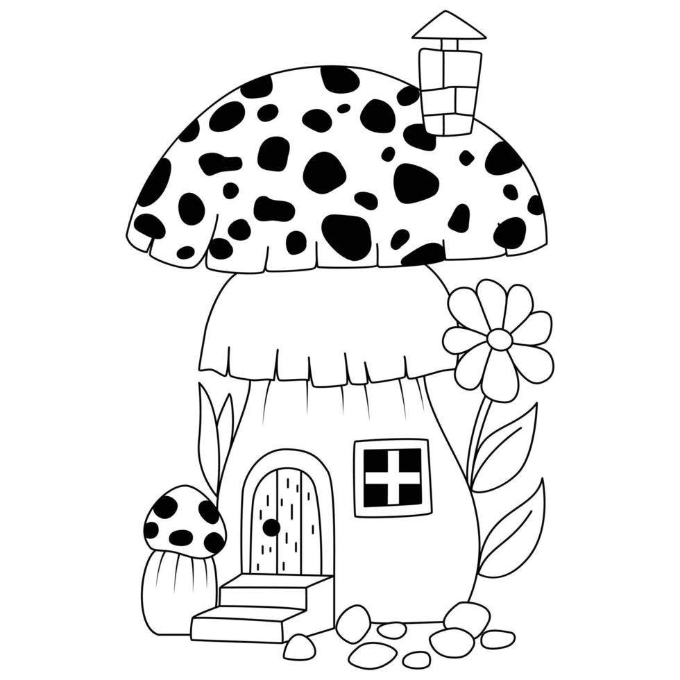 Páginas para colorir de linda casa de cogumelo de cor aqua com desenhos de decoração de flores para colorir vetor