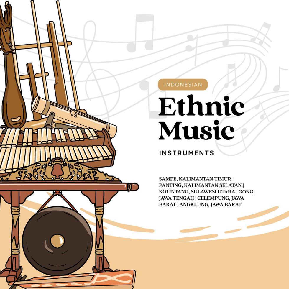 instrumentos musicais indonésios mão desenhada ilustração vetorial. modelo de postagem de mídia social de música vetor