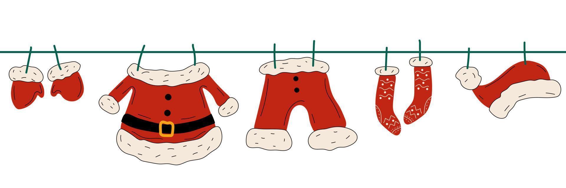 ilustração vetorial de todas as roupas de papai noel penduradas em um varal. ilustração pode ser unida perfeitamente de ponta a ponta para fazer uma linha mais longa. vetor