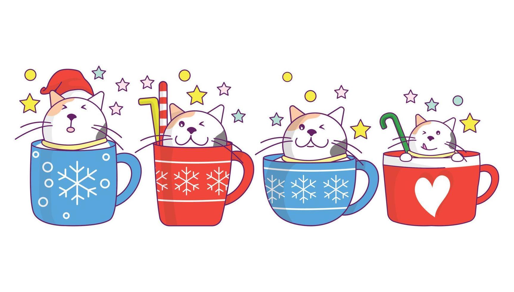 coleção de gato bonito na xícara de bebida de natal, café ou chá com estilo de desenho animado doodle. vetor