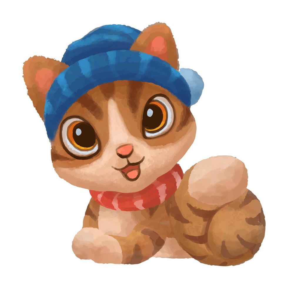 arte em aquarela cartoon gato de natal usando um chapéu e cachecol vetor