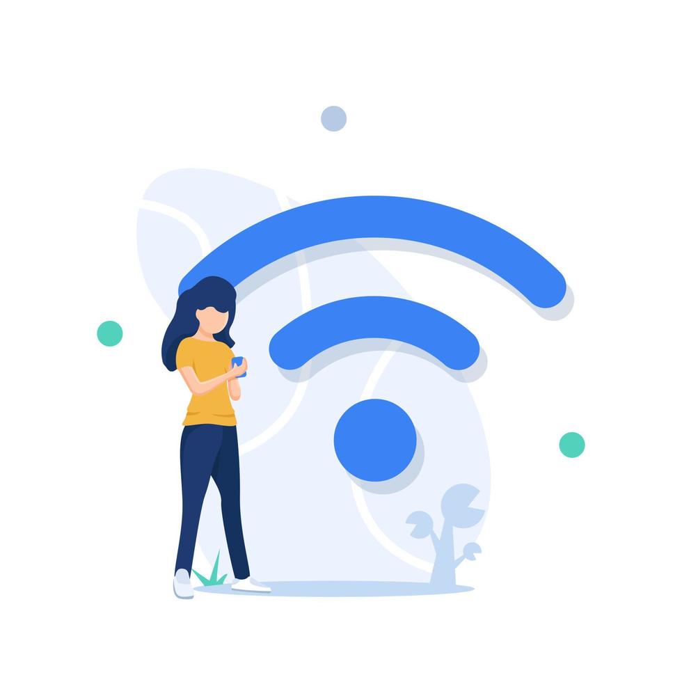 grande sinal de wifi. hotspot wi-fi gratuito, pessoas na zona de internet gratuita usando dispositivos móveis vetor