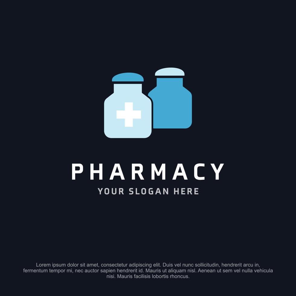 design de logotipo de farmácia com tipografia e vetor de fundo escuro