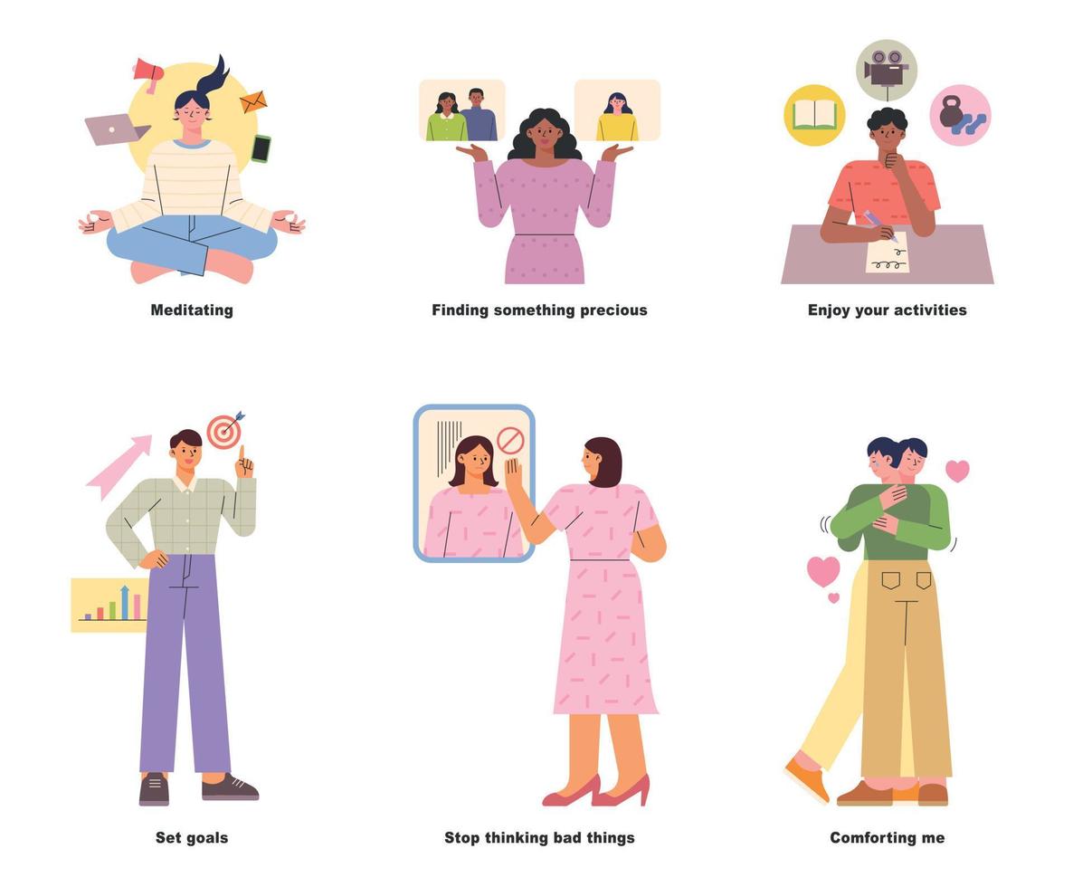 atividades para uma mente saudável. ilustração de infográfico de pessoas. vetor