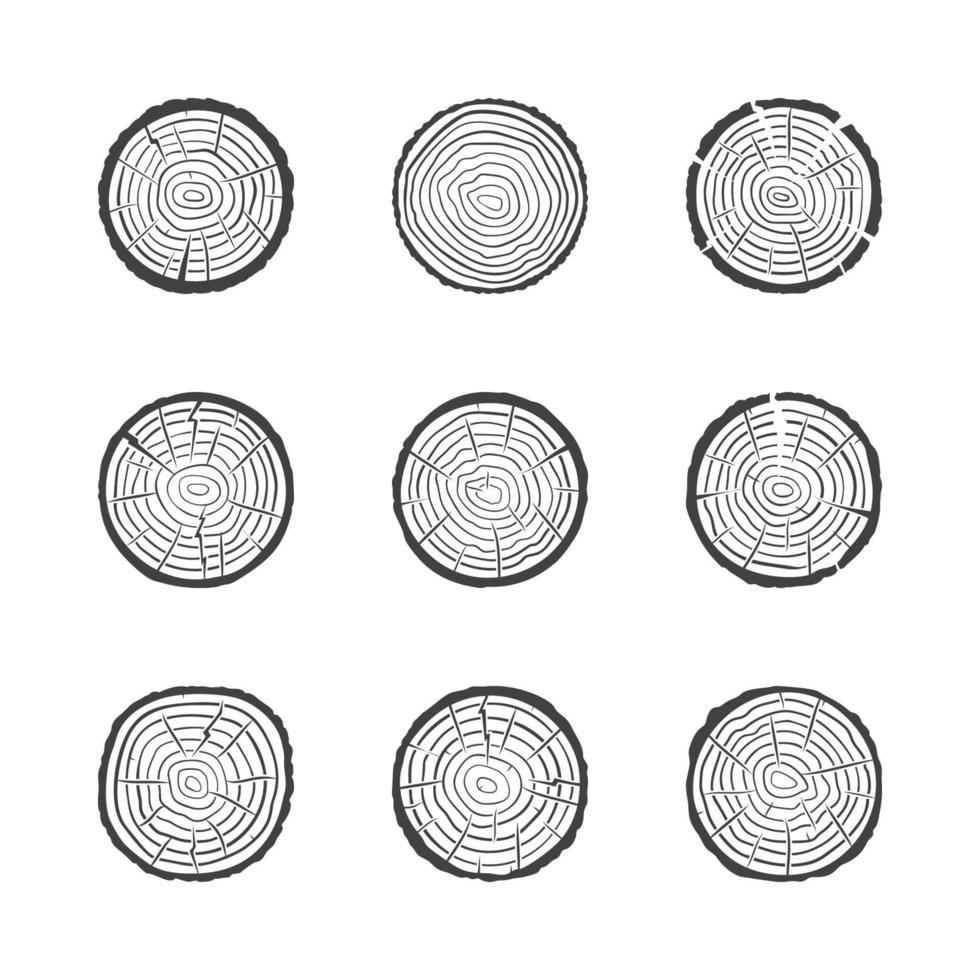 conjunto de ícones de anéis de crescimento de árvore. símbolos de tronco de corte de serra vetorial vetor