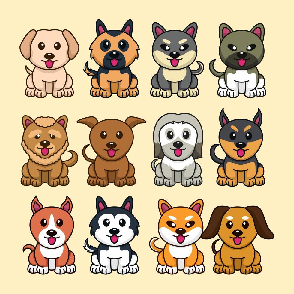 pacote de ilustração vetorial de vários tipos de cães fofos vetor