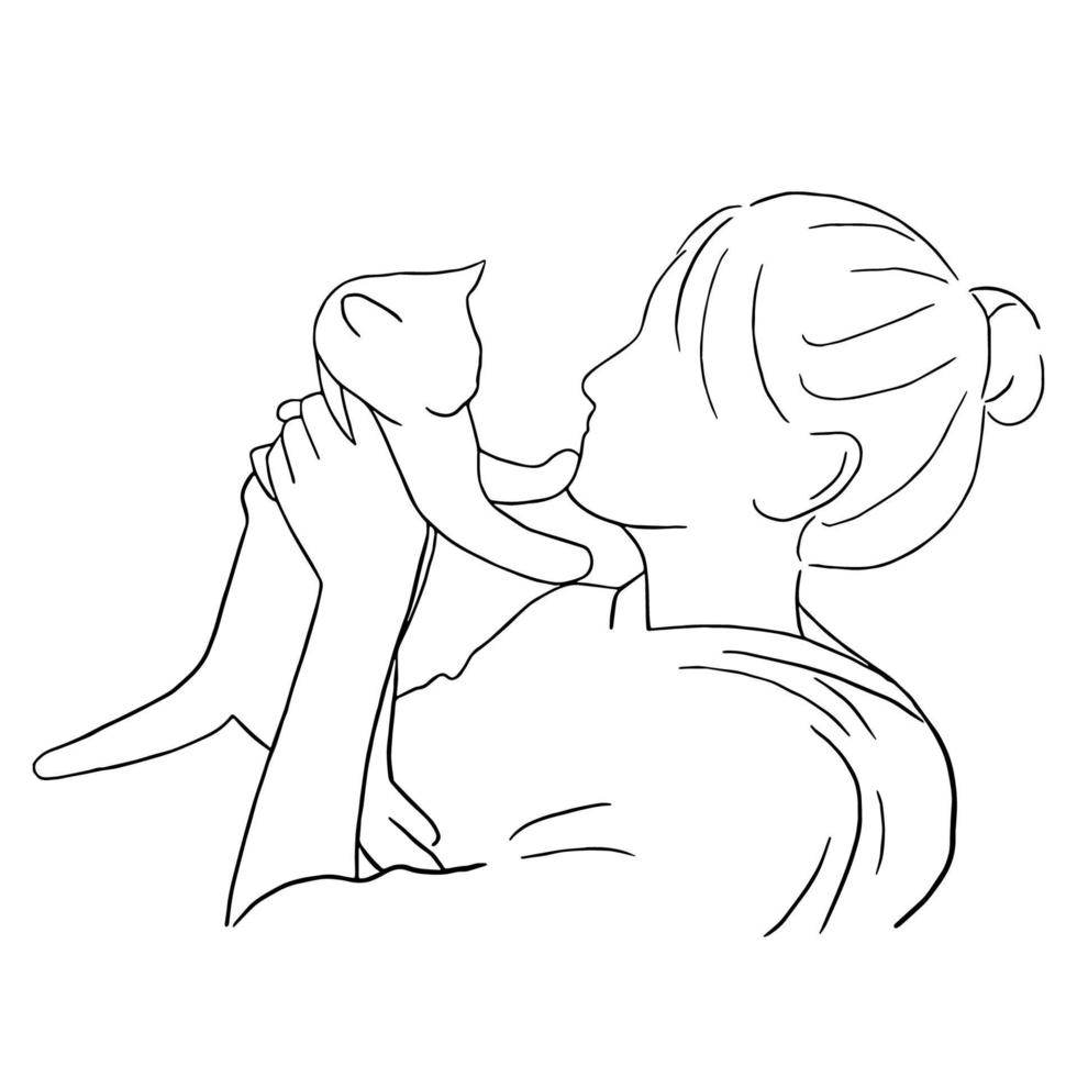 arte de linha mínima de mulher segurando gato fofo na mão desenhada conceito para decoração, estilo doodle vetor