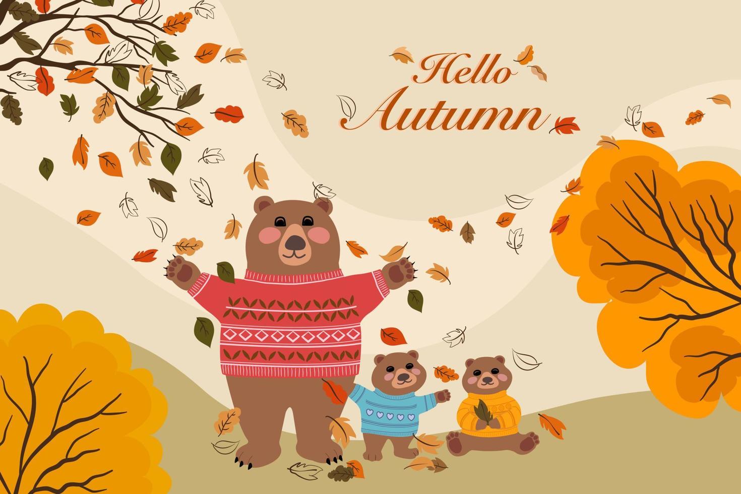 desenho vetorial da família do urso pardo celebrou a temporada de outono, mãe ursa e 2 filhotes vestindo suéter na grama sob a laranjeira do outono e folhas coloridas soprando com olá textos de outono vetor