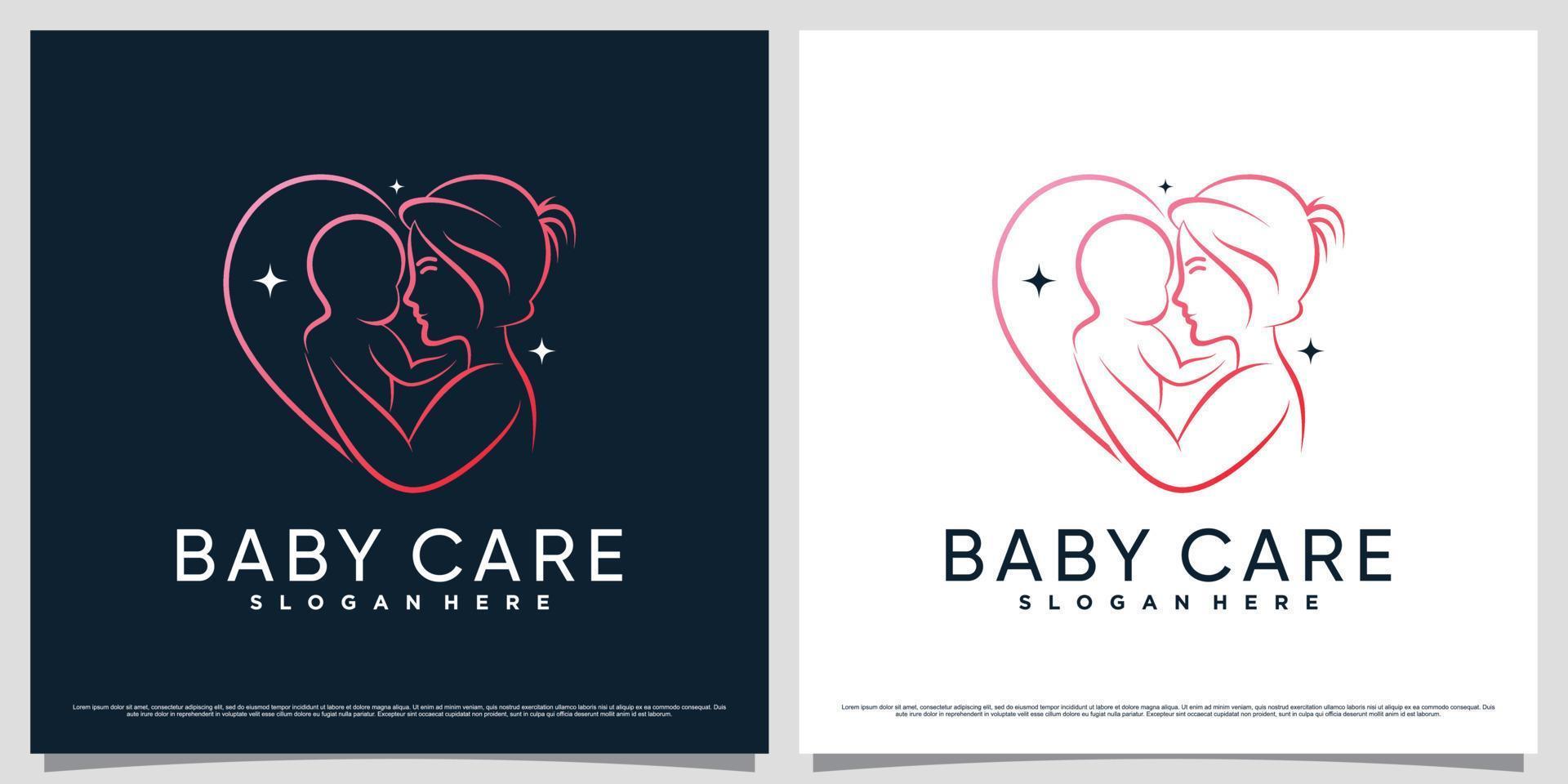 modelo de design de logotipo de cuidados com o bebê com estilo de arte de linha e em forma de coração vetor
