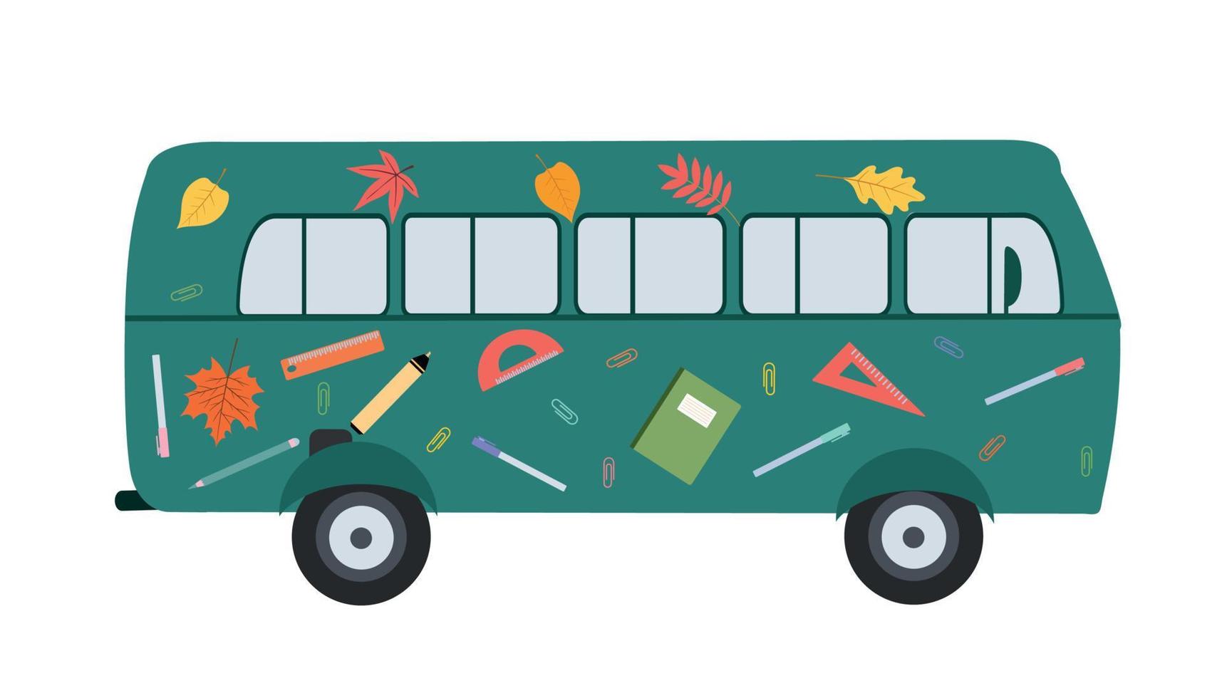 desenho vetorial de um ônibus plano com desenhos de material escolar no ônibus. de volta à escola vetor