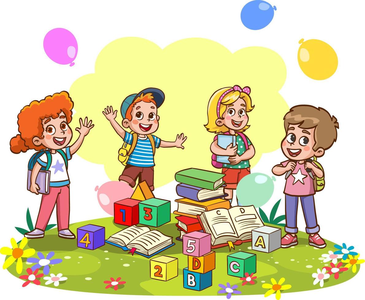 feliz bonito crianças menino e menina estudam com teacher.illustrations da vida escolar das crianças alegres. vetor