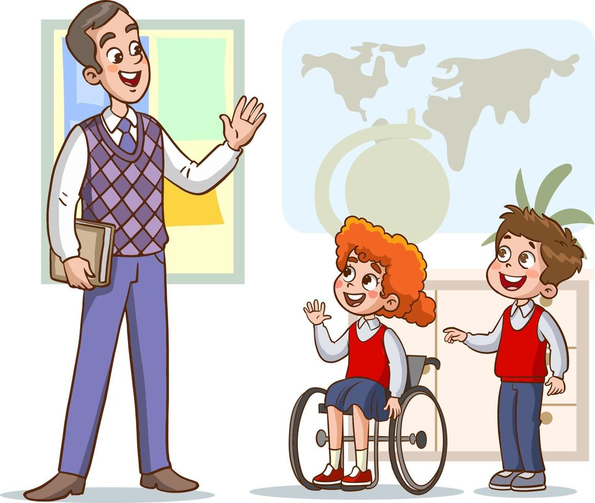 feliz bonito crianças menino e menina estudam com teacher.illustrations da vida escolar das crianças alegres. vetor