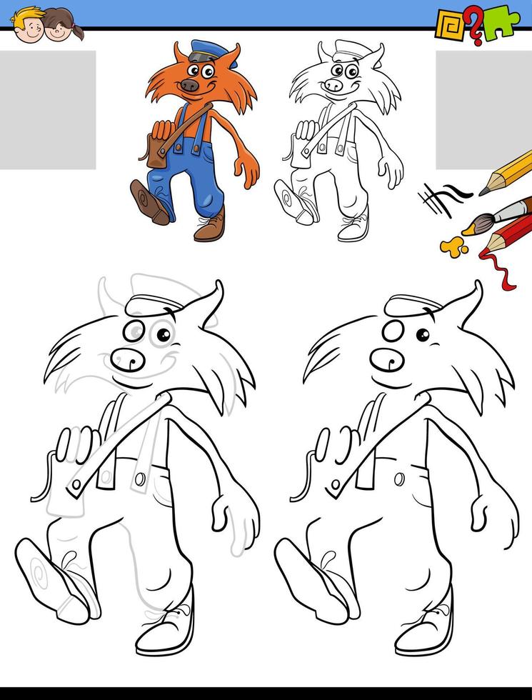 tarefa de desenho e coloração com personagem de raposa em quadrinhos vetor