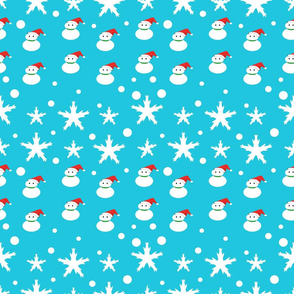 padrão sem emenda de Natal com boneco de neve, neve e flocos de neve sobre fundo azul. vetor
