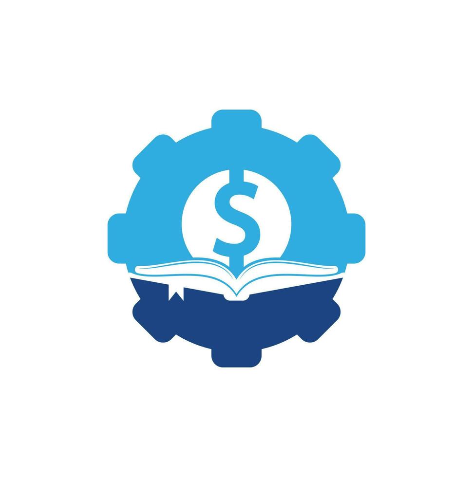 elemento de design de logotipo de ícone de forma de engrenagem de livro de dinheiro. ícone de boneca e livro com logotipo vetor