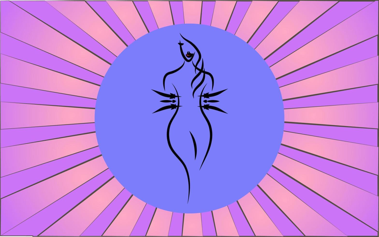 ícone redondo linear de uma figura feminina com cintura e perda de peso em um fundo de raios roxos abstratos. ilustração vetorial vetor