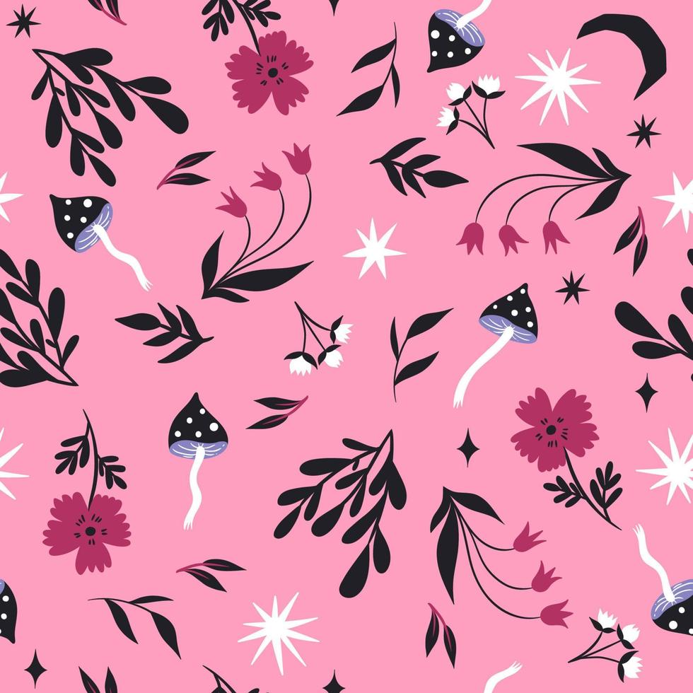 sem costura padrão com cogumelos e flores em um fundo rosa. gráficos vetoriais. vetor
