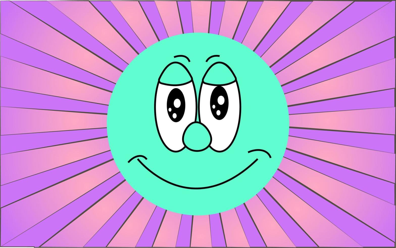 emoji de rosto feliz sorridente redondo verde emocional em um fundo de raios roxos abstratos. ilustração vetorial vetor