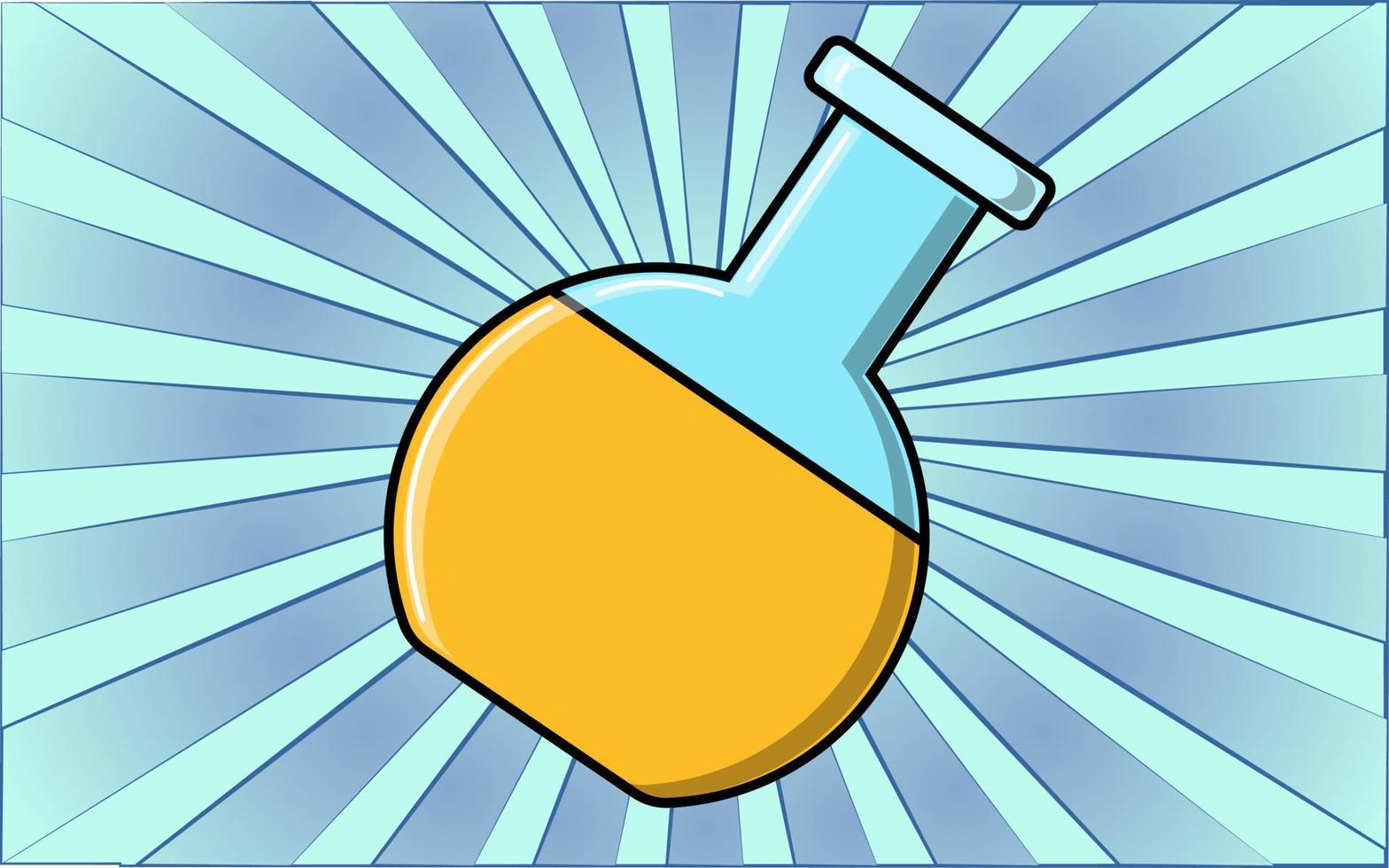 frasco químico de vidro de ciência de laboratório amarelo médico para pesquisa e estudo em um fundo de raios azuis abstratos. ilustração vetorial vetor