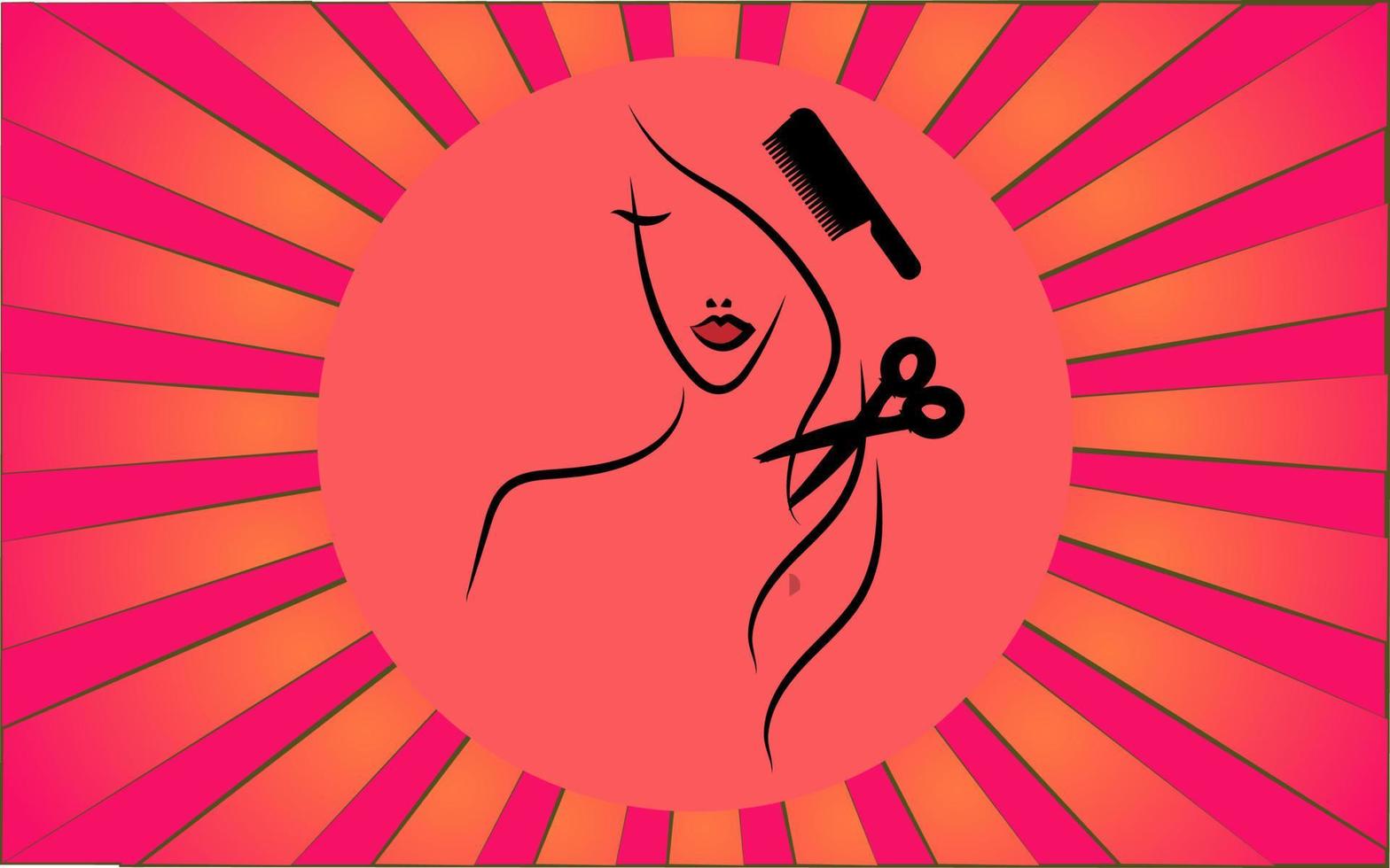 ícone redondo linear de uma mulher com cabelo comprido com um pente e uma tesoura em uma barbearia em um fundo de raios vermelhos abstratos. ilustração vetorial vetor