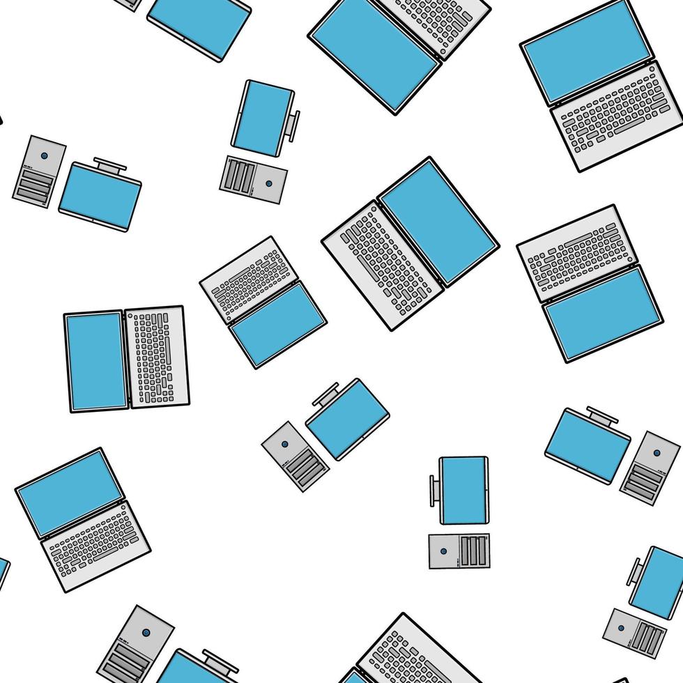 padrão sem costura, textura de laptops digitais poderosos modernos e computadores de escritório com um monitor e uma unidade de sistema retangular, tecnologia isolada em um fundo branco vetor