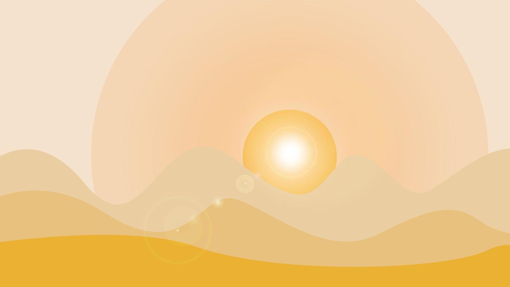 bela paisagem natural do deserto em cores amarelas com vista para as dunas e montanhas e o horizonte ao amanhecer vetor