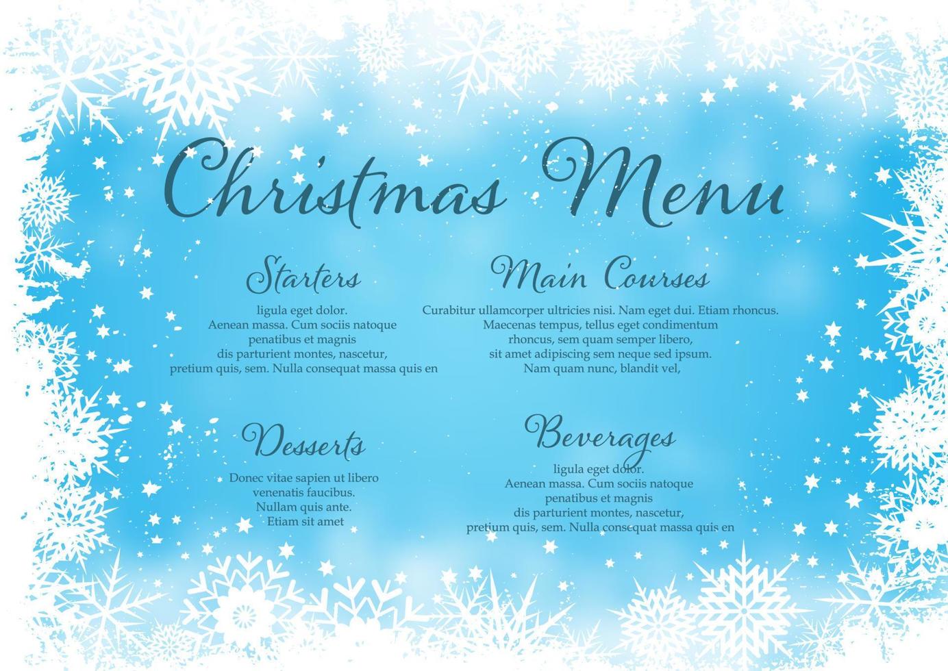 fundo de menu de natal com design de borda de floco de neve vetor