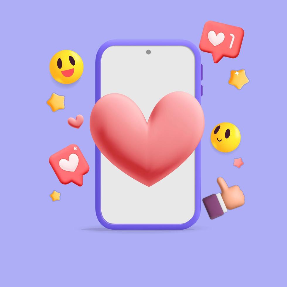 aplicativo móvel de rede de mídia social no smartphone com como, polegar para cima, símbolos emoji design de pôster vetorial 3d vetor