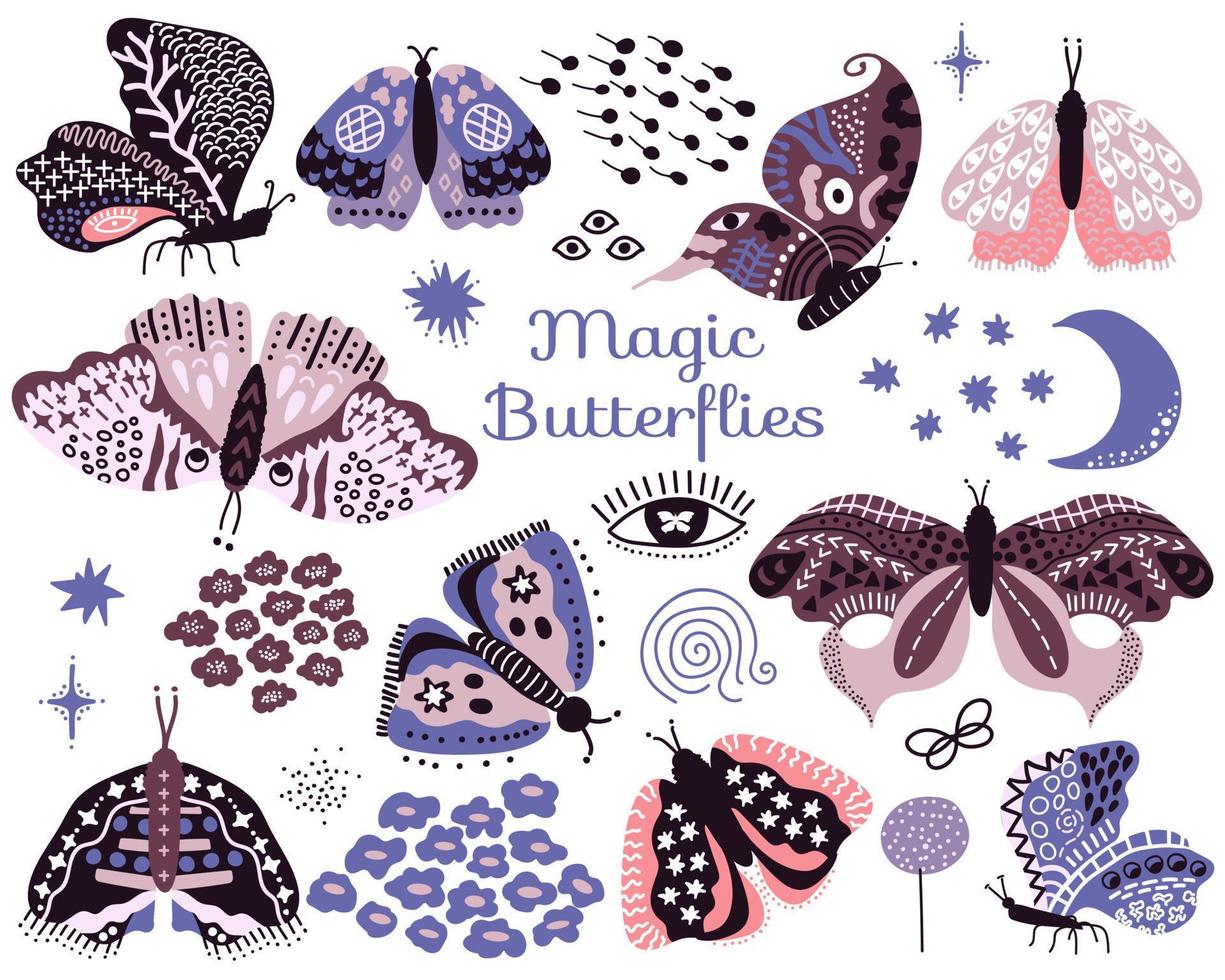 borboletas e mariposas mágicas. conjunto de insetos voadores místicos de fantasia com asas coloridas. lua, estrelas, olhos, flores. ilustração vetorial vetor
