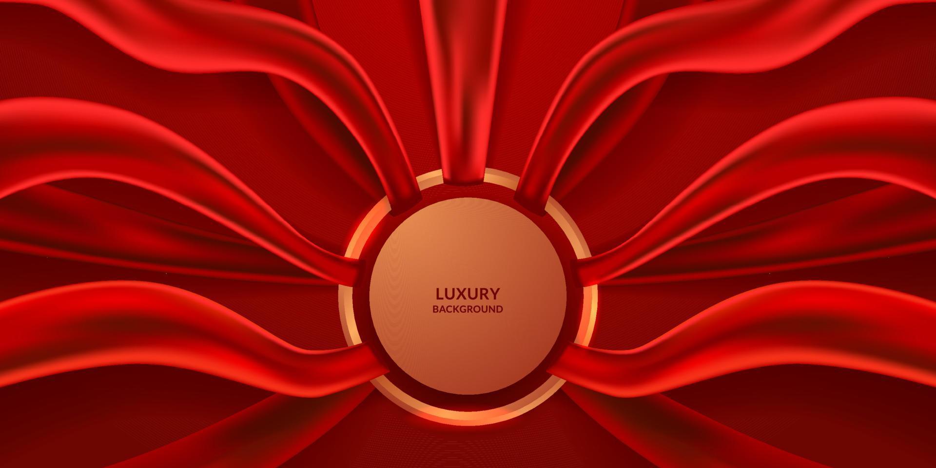 fundo abstrato de produto de beleza de luxo com tecido de cor vermelha tecido tecido cetim com anel dourado decoração de círculo redondo vetor