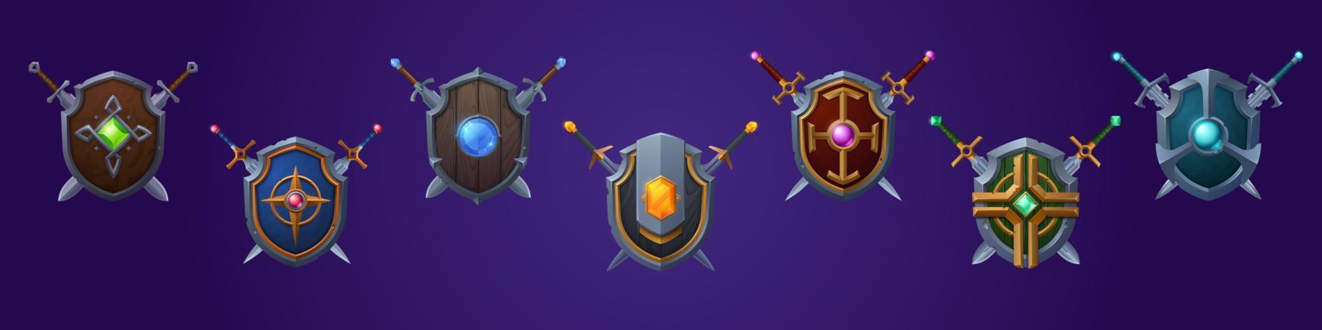 conjunto de escudos de jogo desenhos animados fantasia medieval armadura vetor