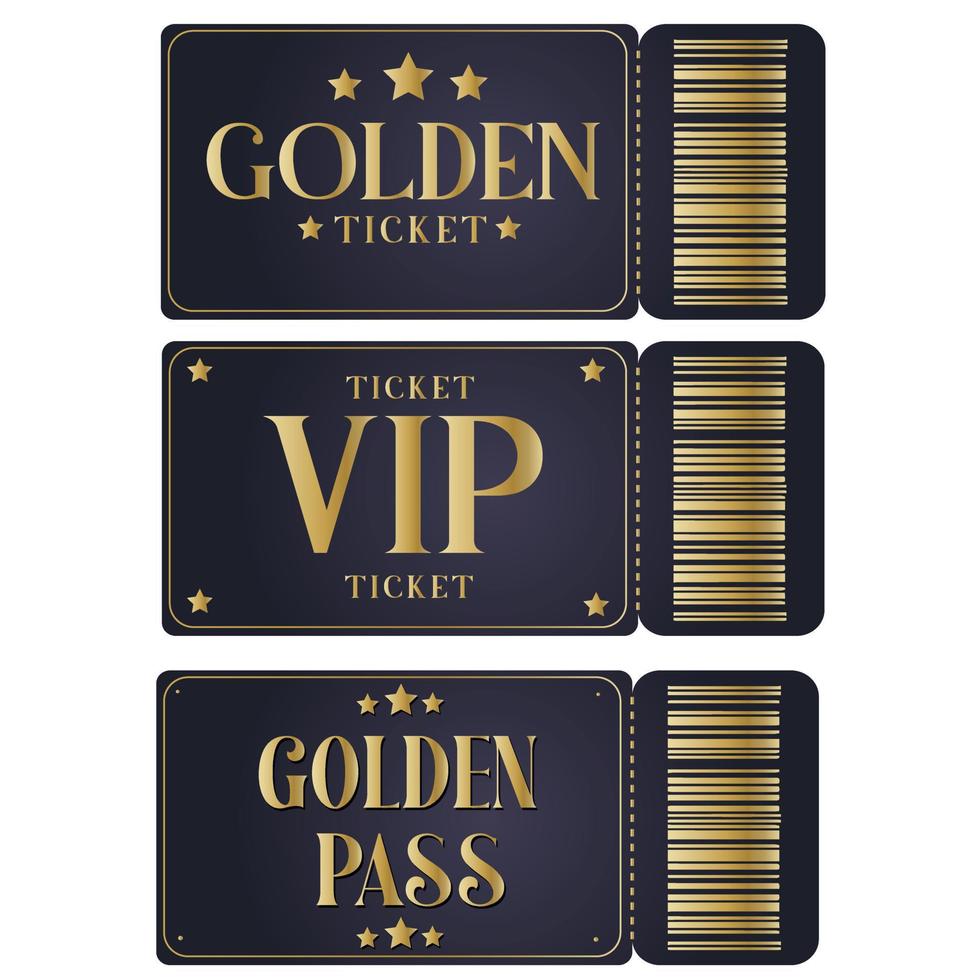 conjunto de ingressos dourados, ingresso vip, passe dourado com código de barras. vetor