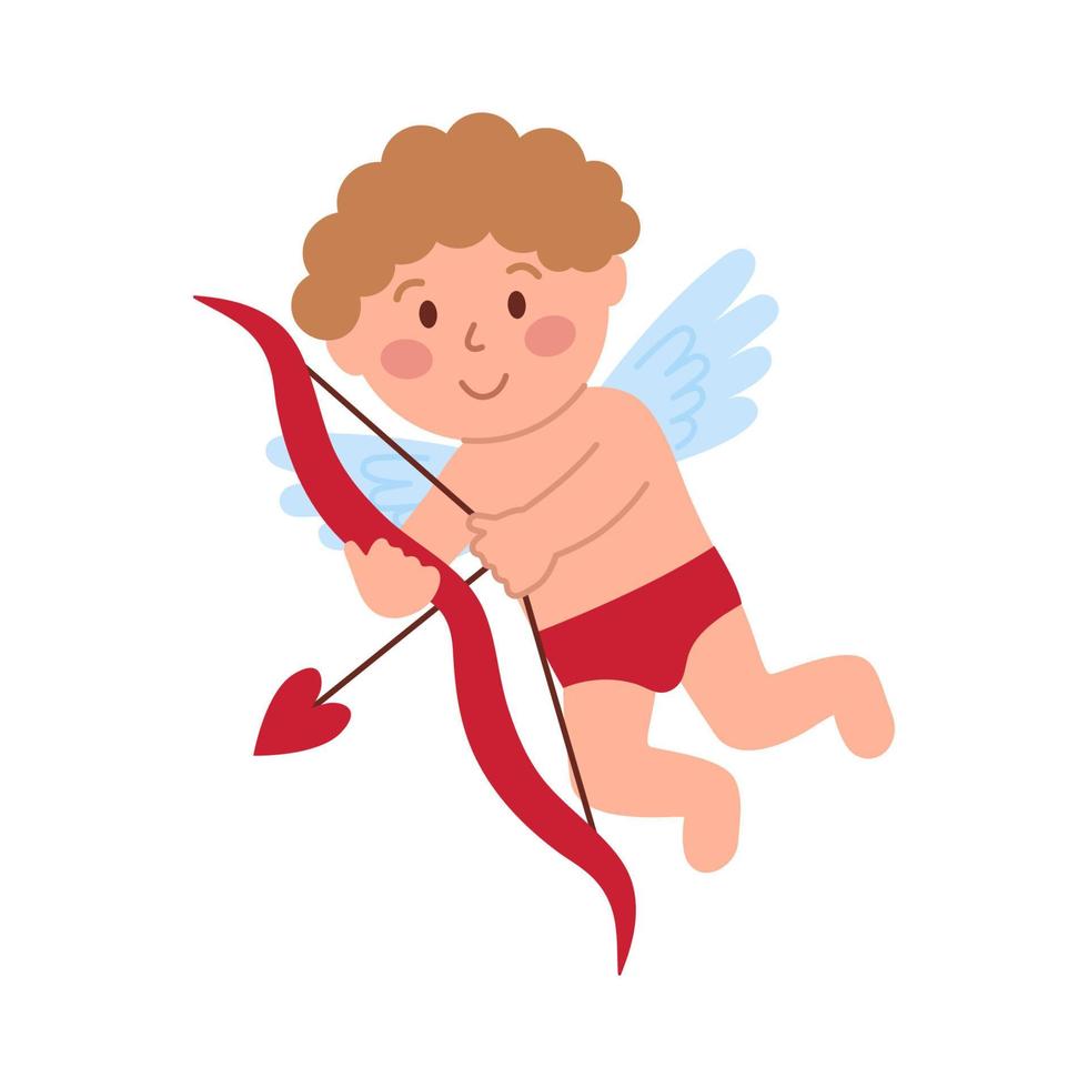 cupido atira um arco isolado no fundo branco. bonitinho amur, anjo para ilustração vetorial plana de dia dos namorados vetor