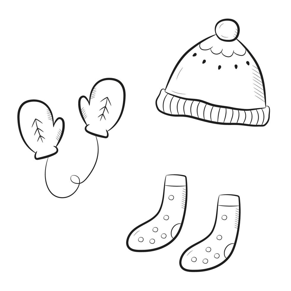 roupas de inverno desenhadas à mão. luvas, chapéu e meias. rabiscos bonitos isolados no fundo branco. ilustração vetorial vetor