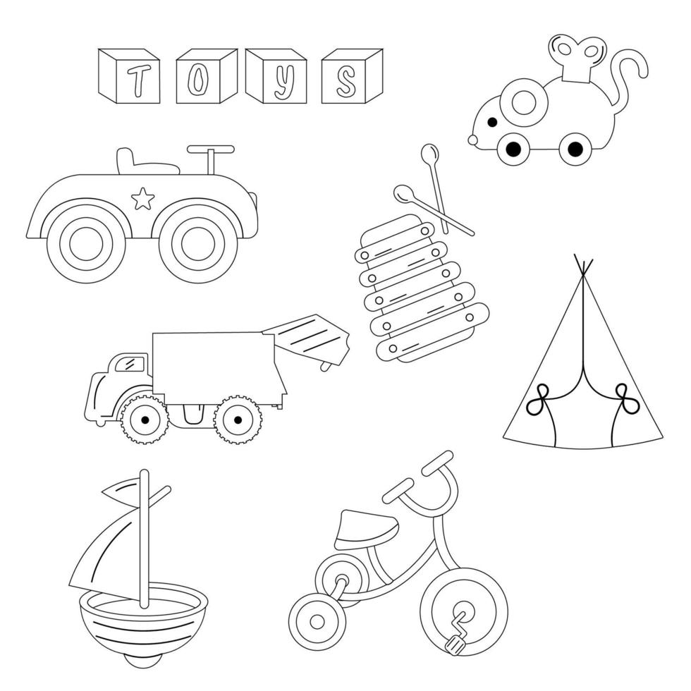 coleção de contorno de brinquedos infantis. carro, barco, rato, barraca, bicicleta vetor