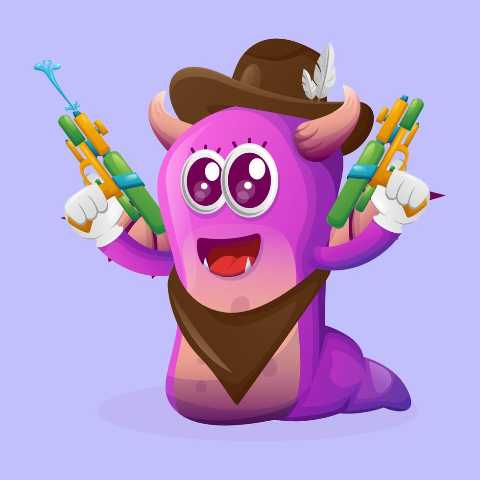 monstro roxo bonito brincando com brinquedo de arma de água vetor