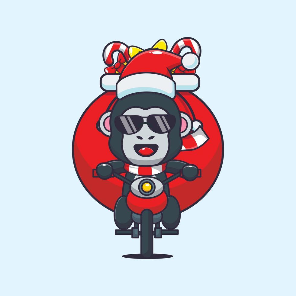 gorila bonito carregando presente de natal com moto. ilustração de desenho animado de natal bonito. vetor