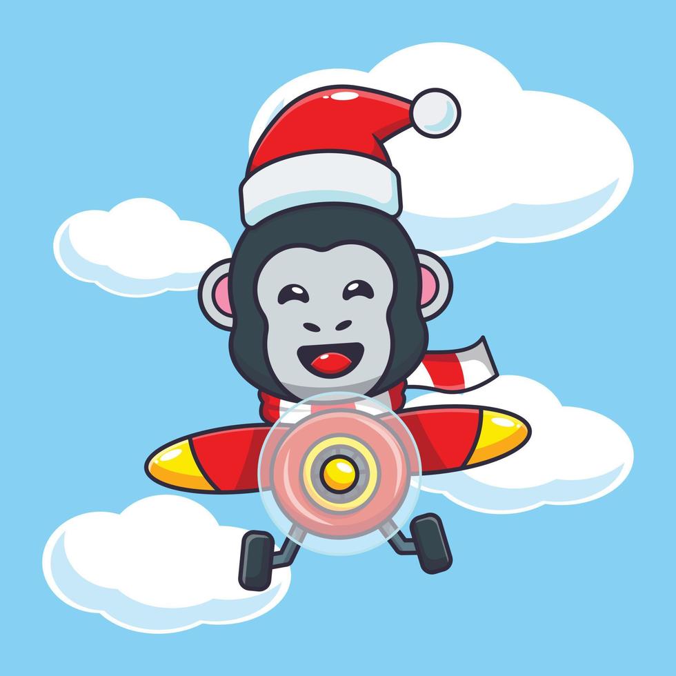 gorila bonito usando chapéu de Papai Noel voando com avião. ilustração de desenho animado de natal bonito. vetor