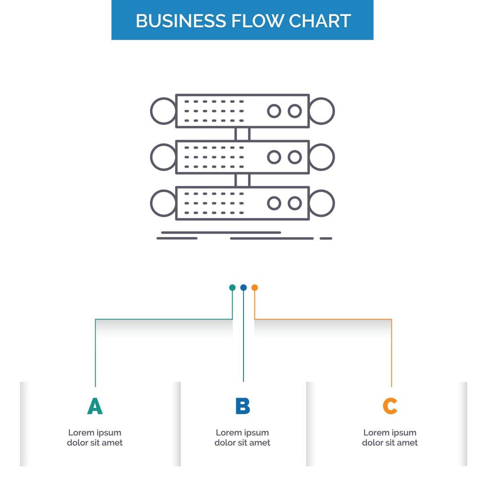 servidor. estrutura. prateleira. base de dados. design de fluxograma de negócios de dados com 3 etapas. ícone de linha para modelo de plano de fundo de apresentação lugar para texto vetor