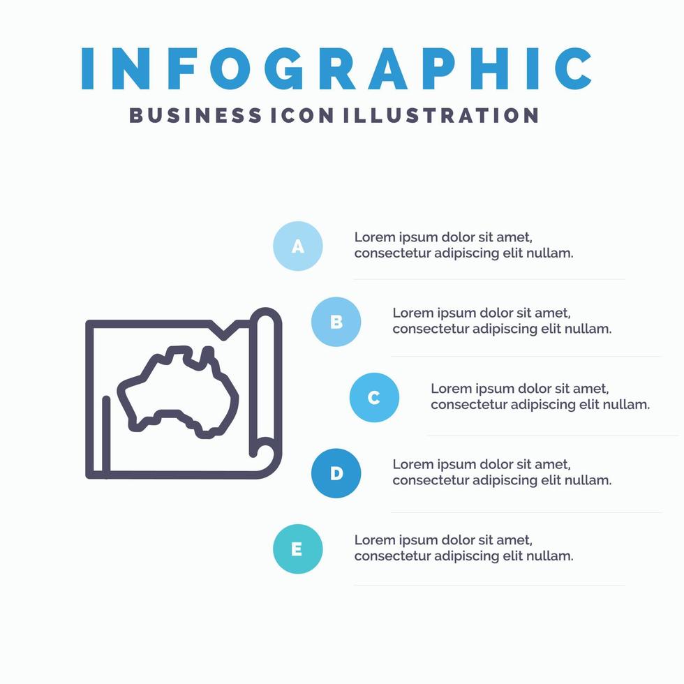 austrália mapa de localização do país australiano ícone de linha de viagem com 5 etapas apresentação infográficos ba vetor