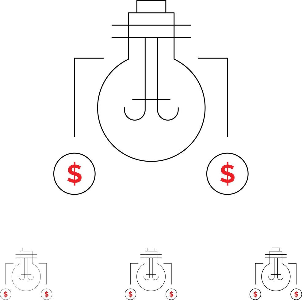 lâmpada idéia solução dólar conjunto de ícones de linha preta em negrito e fino vetor