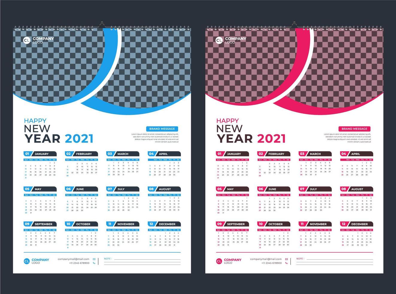 calendário de parede de uma página azul e rosa 2021 vetor