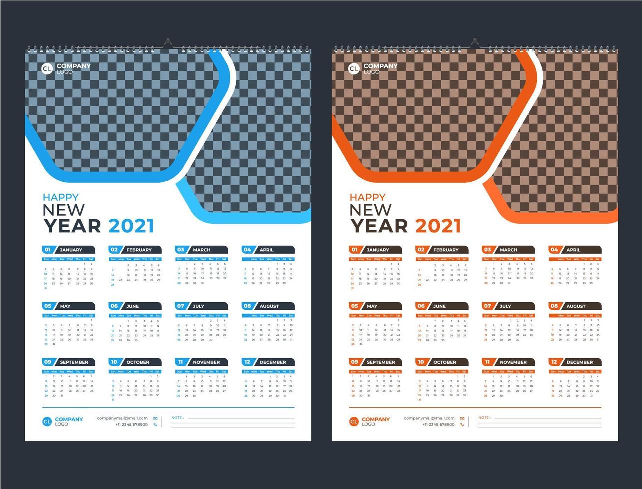 modelo de calendário de parede 2021 azul e laranja de uma página vetor