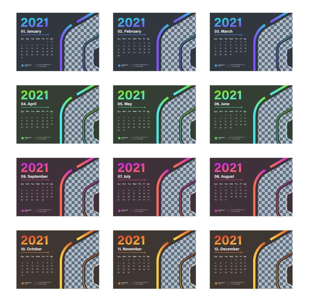 calendário de mesa moderno de várias cores 2021 vetor