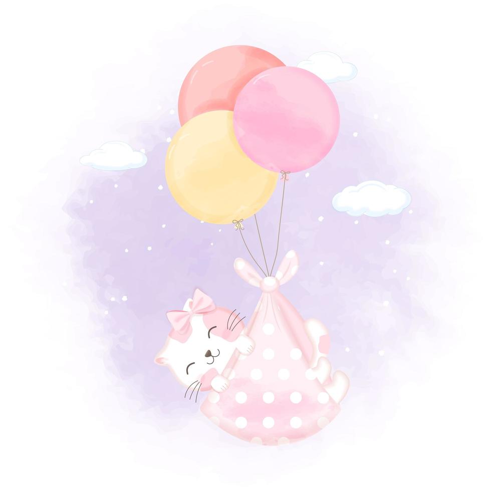 gatinho flutuando em um cobertor preso a um balão vetor
